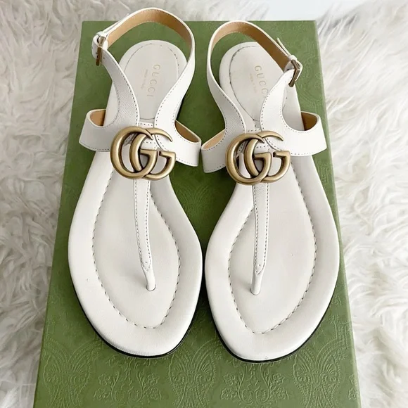 Gucci Calfskin Double G Thong Flat Sandals 36.5 Mystic White - Picture 1 of 14